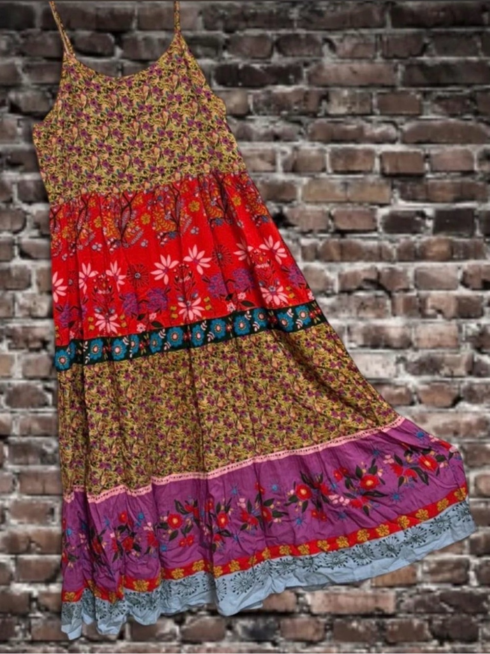 NATURAL LIFE Red Floral Tiered Maxi Dress with Purple Accents NWT